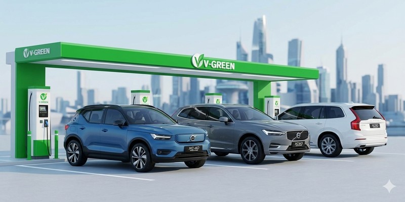 Hệ sinh thái xe điện Volvo Recharge đa dạng đang được sạc tại trạm V-Green